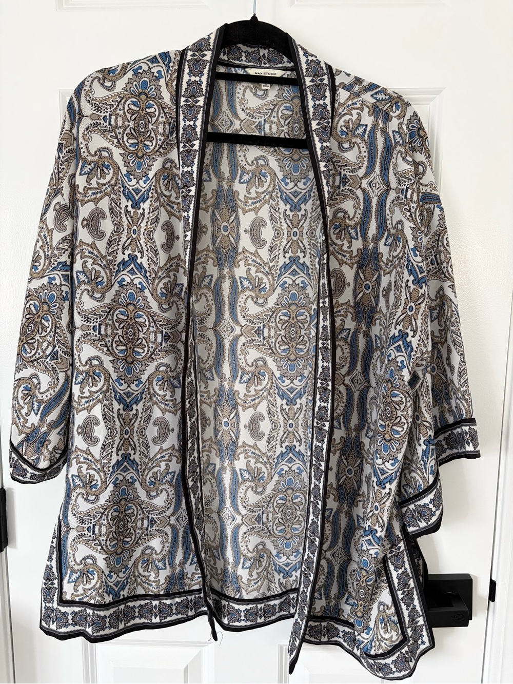 Max Studio Paisley Open-Front Cardigan in Blue and Tan